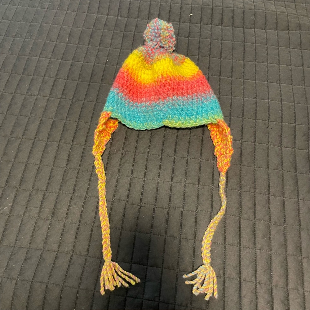Colorful hand crocheted Kids Beanie with Pom-Pom. Rainbow colours. Super cute!